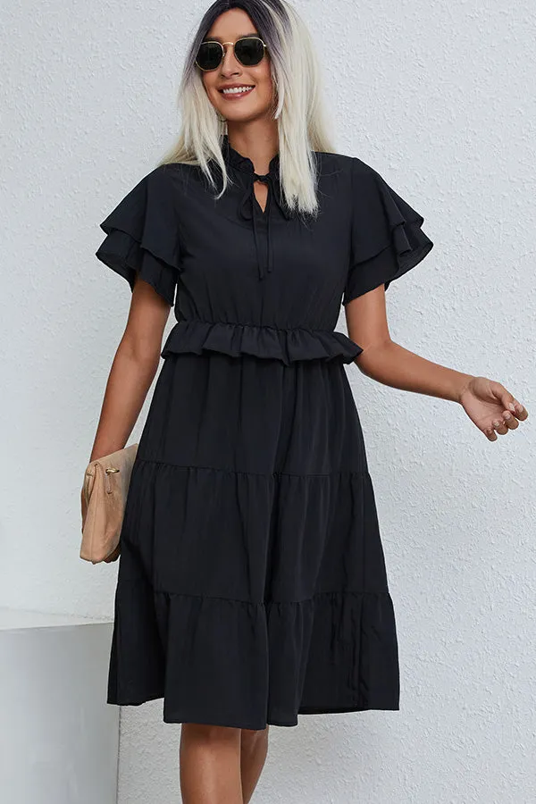 Beachsissi Dresses Women Ruffled Short Sleeve Solid Casual Dress Black