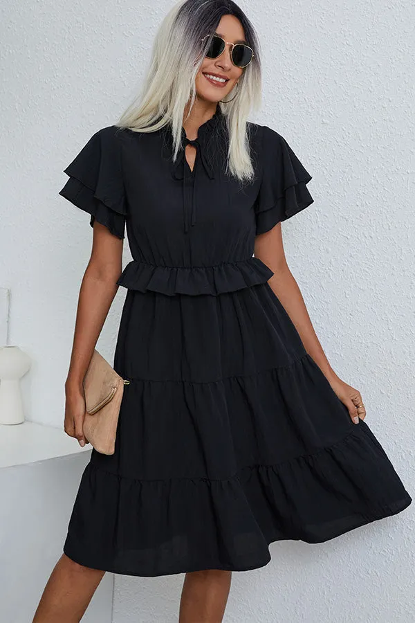 Beachsissi Dresses Women Ruffled Short Sleeve Solid Casual Dress Black