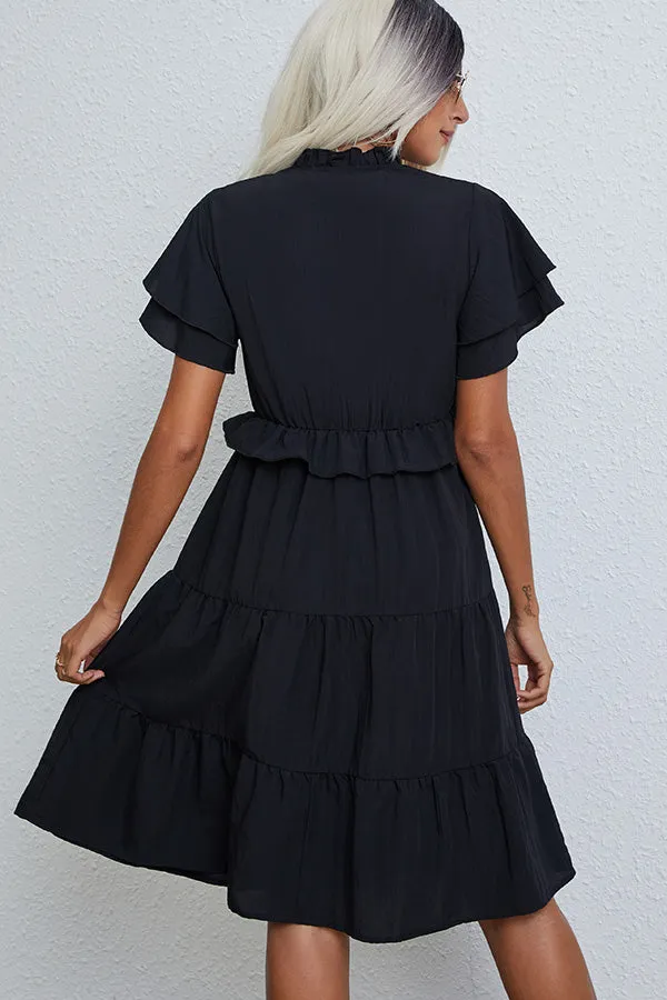 Beachsissi Dresses Women Ruffled Short Sleeve Solid Casual Dress Black