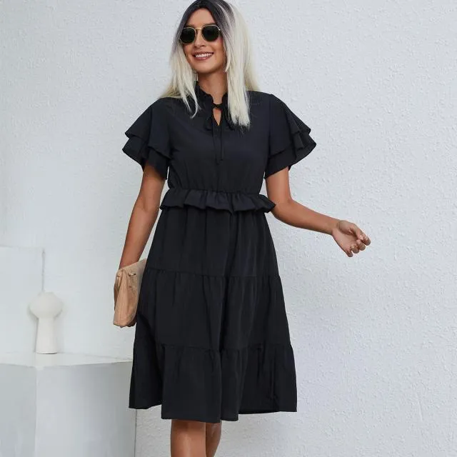Beachsissi Dresses Women Ruffled Short Sleeve Solid Casual Dress Black
