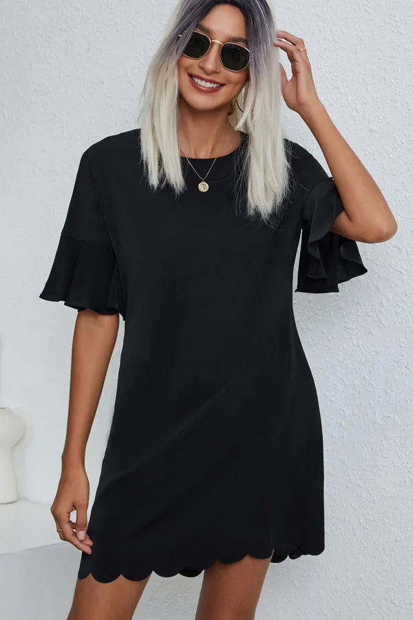 Beachsissi Dresses Women Scolloped Hem Solid Color Casual Dress Black