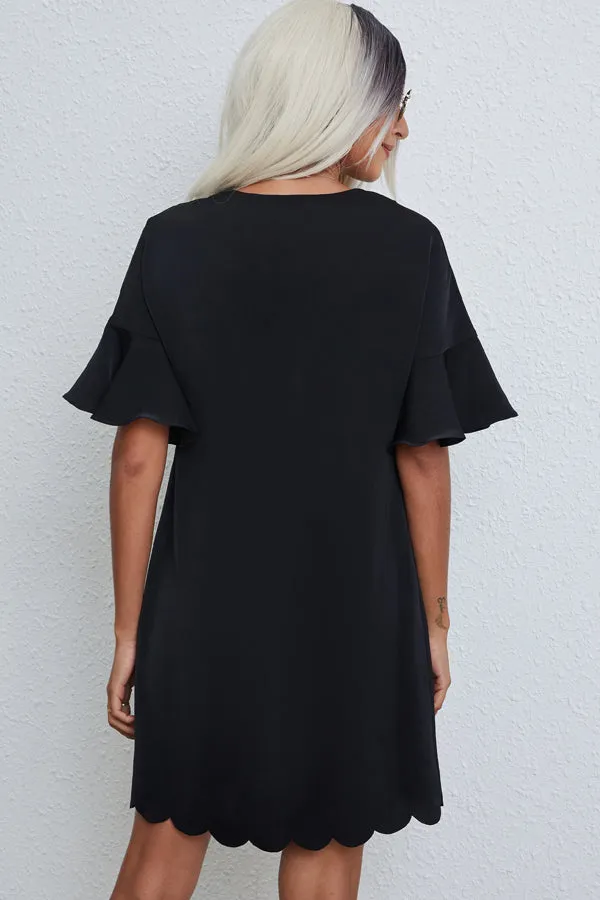 Beachsissi Dresses Women Scolloped Hem Solid Color Casual Dress Black