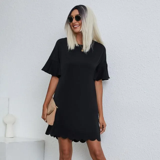 Beachsissi Dresses Women Scolloped Hem Solid Color Casual Dress Black
