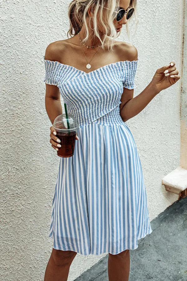 Beachsissi Dresses Women Smocked Chest Bardot Stripe Print Mini Dress Blue