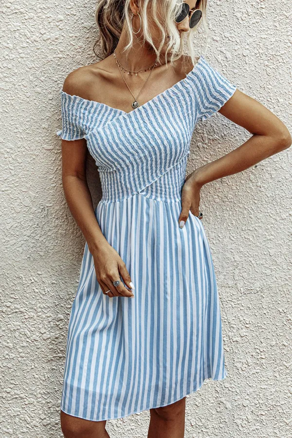 Beachsissi Dresses Women Smocked Chest Bardot Stripe Print Mini Dress Blue