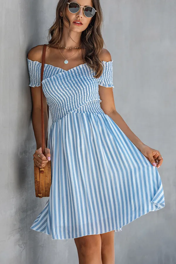 Beachsissi Dresses Women Smocked Chest Bardot Stripe Print Mini Dress Blue