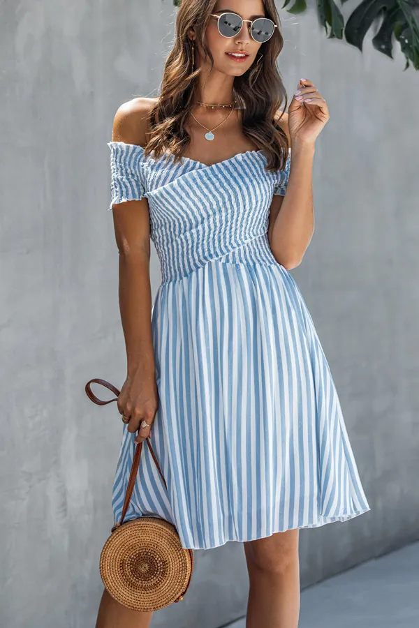 Beachsissi Dresses Women Smocked Chest Bardot Stripe Print Mini Dress Blue