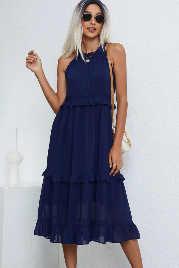Beachsissi Dresses Women Solid Color Halter Neck Sleeveless Maxi Dress Navy Blue Beachsissi Dresses Women Solid Color Halter Neck Sleeveless Maxi Dress Navy Blue