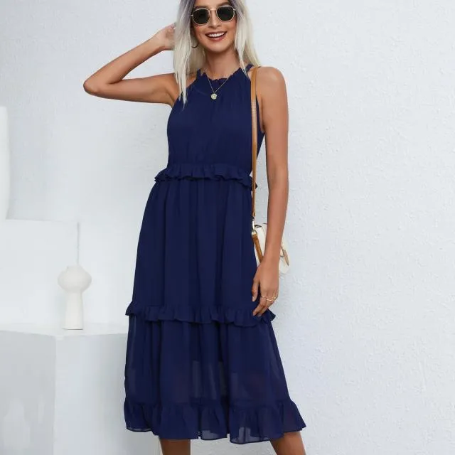 Beachsissi Dresses Women Solid Color Halter Neck Sleeveless Maxi Dress Navy Blue Beachsissi Dresses Women Solid Color Halter Neck Sleeveless Maxi Dress Navy Blue