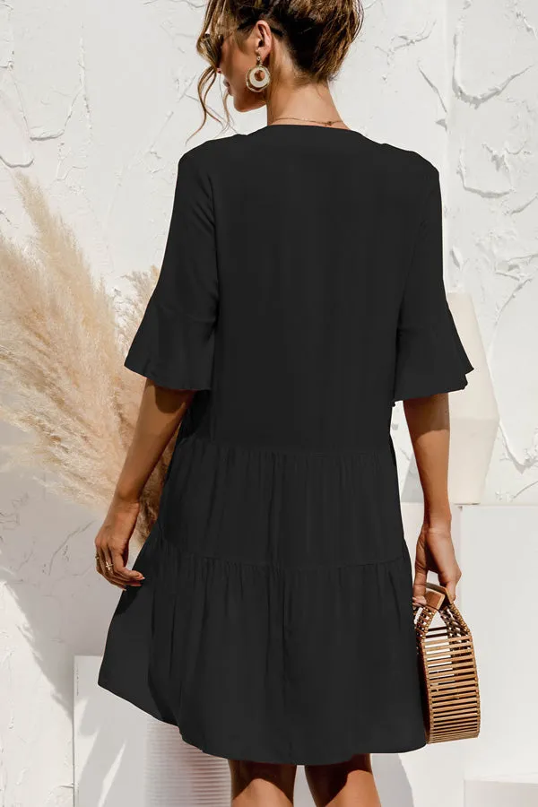 Beachsissi Dresses Women Solid Color High Waisted Flare Sleeve Casual Dress Black Beachsissi Dresses Women Solid Color High Waisted Flare Sleeve Casual Dress Black