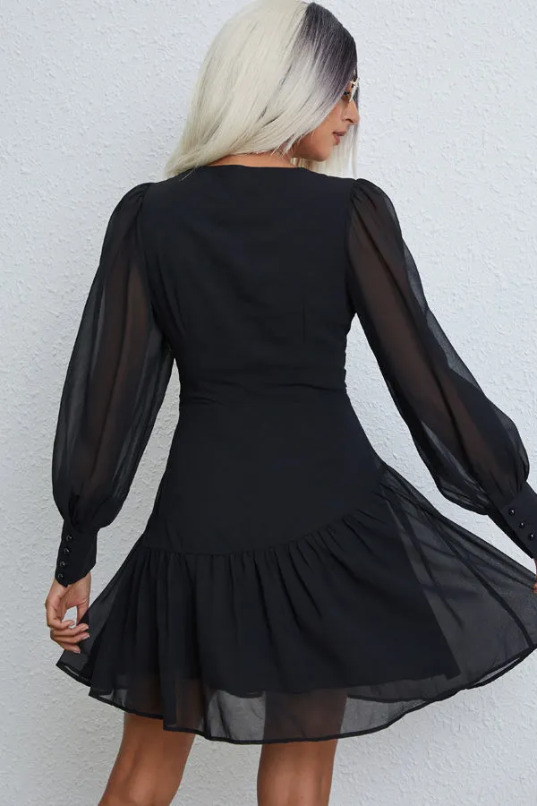 Beachsissi Dresses Women Solid Color V Neck Long Sleeve Mini Dress Black