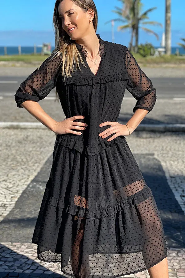 Beachsissi Dresses Women Solid Color V Neck Ruffled Casual Dress Black