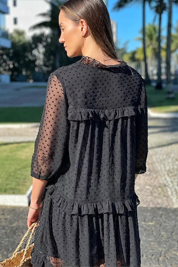 Beachsissi Dresses Women Solid Color V Neck Ruffled Casual Dress Black