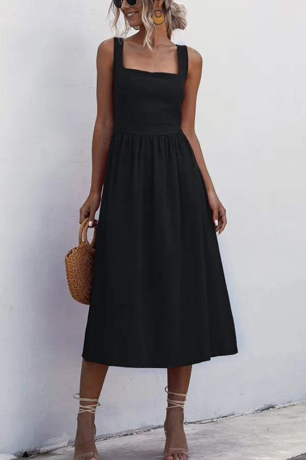 Beachsissi Dresses Women Square Neck Wide Strap Midi Dress Black