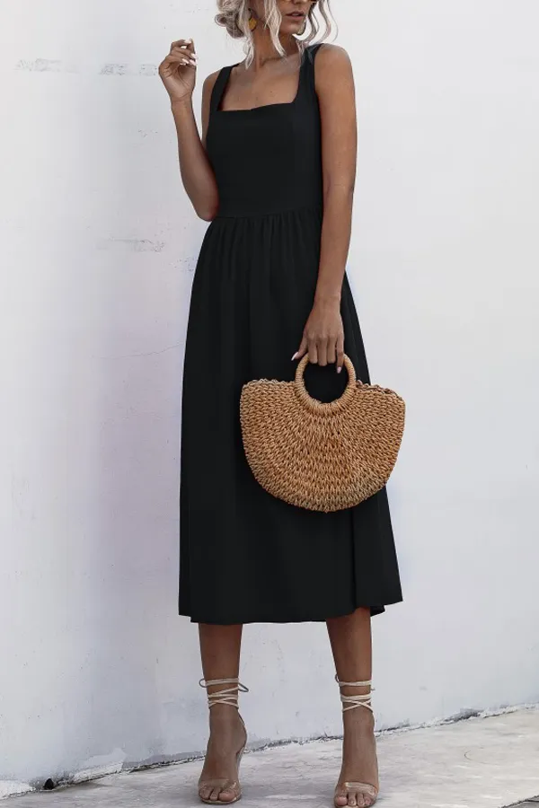 Beachsissi Dresses Women Square Neck Wide Strap Midi Dress Black