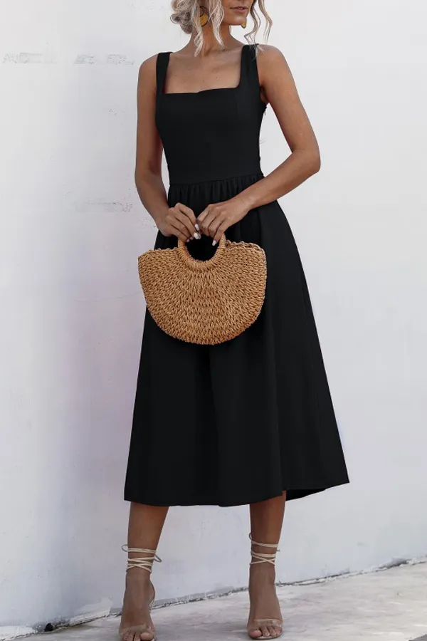 Beachsissi Dresses Women Square Neck Wide Strap Midi Dress Black