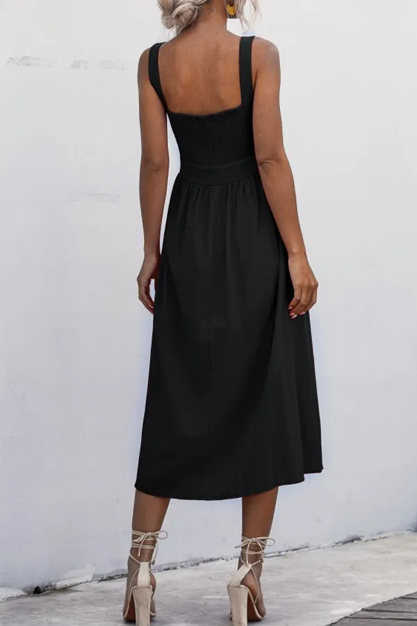 Beachsissi Dresses Women Square Neck Wide Strap Midi Dress Black