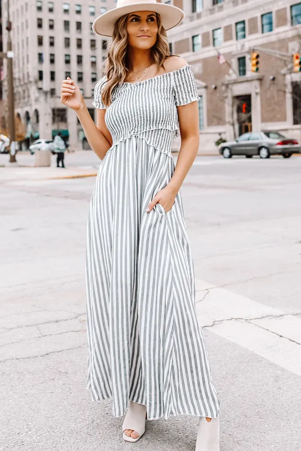 Beachsissi Dresses Women Stripe Print Fashion Smocked Chest Maxi Dress Grey