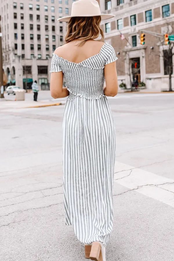 Beachsissi Dresses Women Stripe Print Fashion Smocked Chest Maxi Dress Grey
