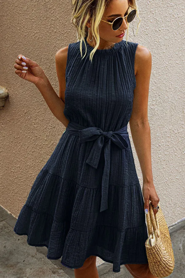 Beachsissi Dresses Women Tie Waist Solid Casual Mini Dress Navy Blue