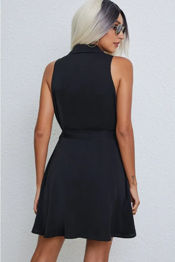Beachsissi Dresses Women Tie Waist Solid Sleeveless Casual Mini Dress Black