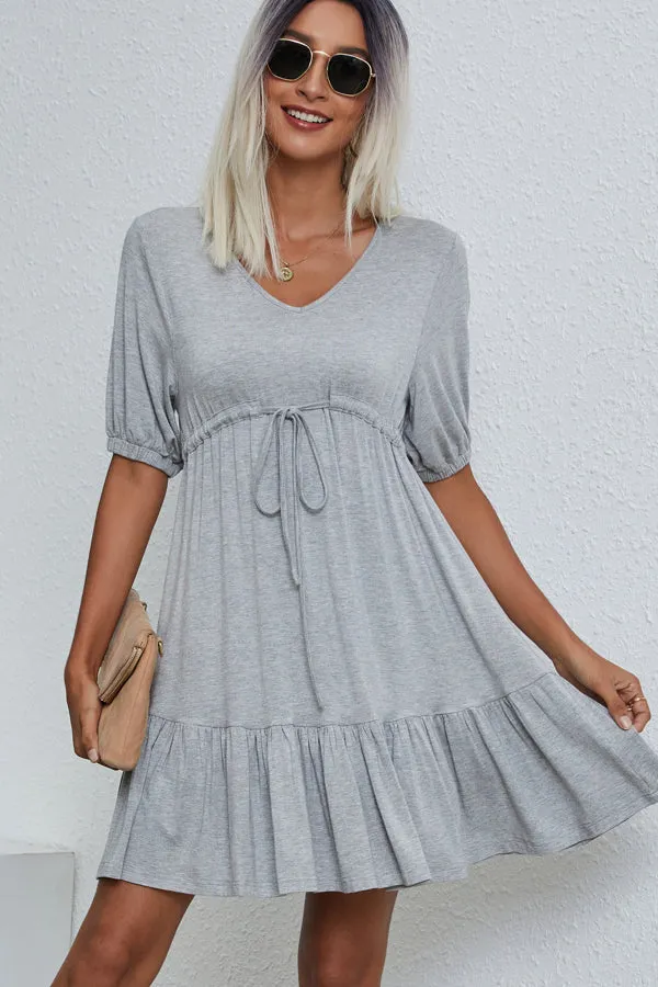 Beachsissi Dresses Women V Neck Drawstring Waist Casual Mini Dress Grey
