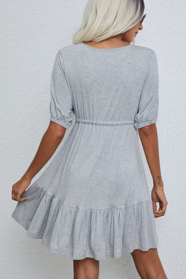 Beachsissi Dresses Women V Neck Drawstring Waist Casual Mini Dress Grey