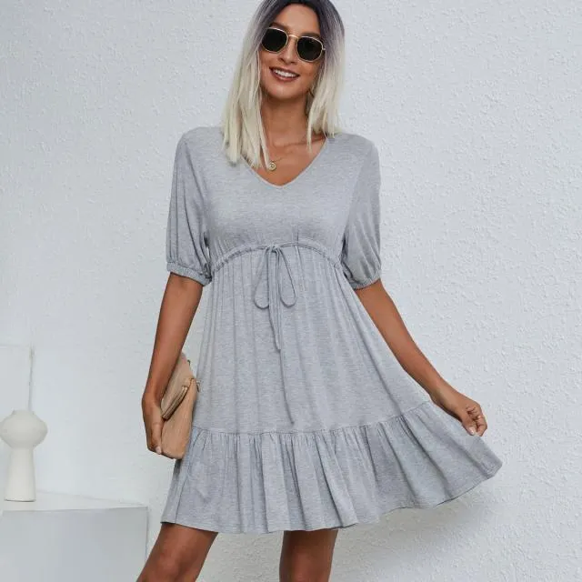 Beachsissi Dresses Women V Neck Drawstring Waist Casual Mini Dress Grey