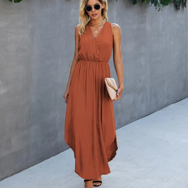 Beachsissi Dresses Women V Neck High Waist Sleeveless Maxi Dress Orange