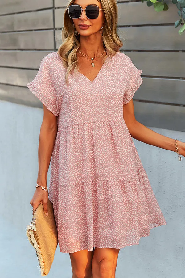 Beachsissi Dresses Women V Neck Ruffled Hem Casual Mini Dress Pink