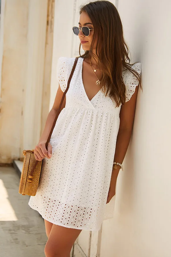 Beachsissi Dresses Women V Neck Solid Color Lace Panel Mini Dress White