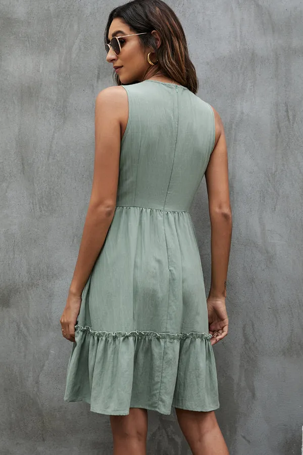 Beachsissi Dresses Women V Neck Solid Color Ruffle Hem Mini Dress Green