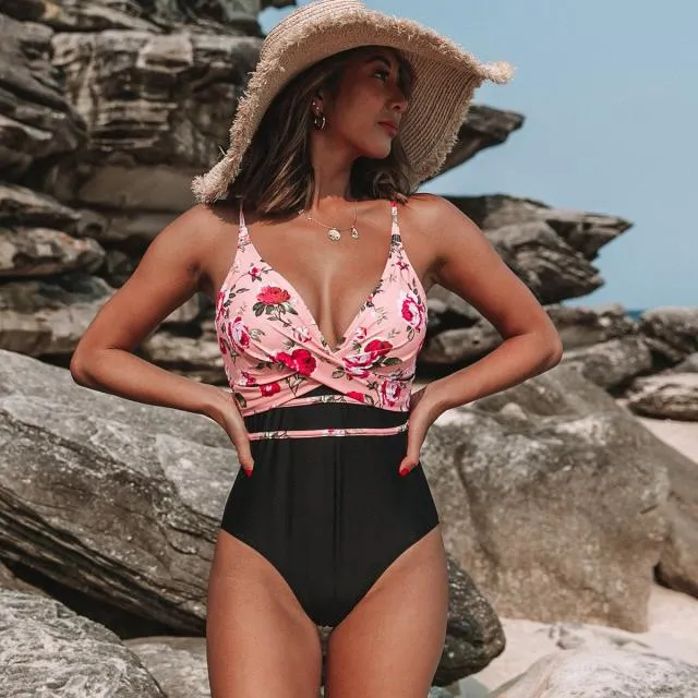 Beachsissi One Piece Women Flower Print Criss Cross Front Sexy One Piece Swimwear Pink Beachsissi One Piece Women Flower Print Criss Cross Front Sexy One Piece Swimwear Pink