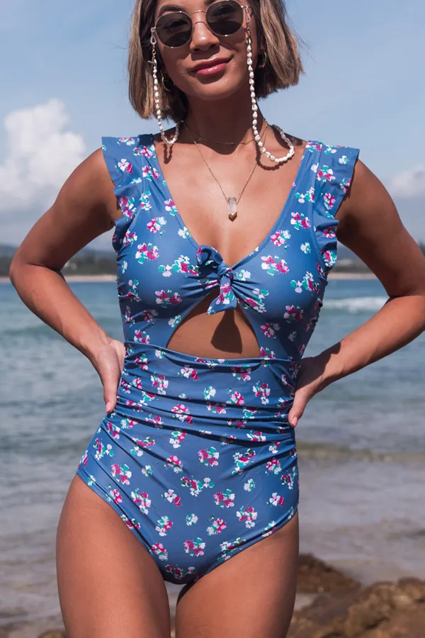 Beachsissi One Piece Women Flower Print Cutout Front One Piece Swimsuits Blue Beachsissi One Piece Women Flower Print Cutout Front One Piece Swimsuits Blue