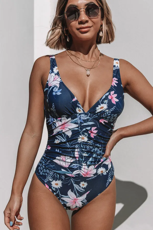 Beachsissi One Piece Women Flower Print Ruched Design One Piece Swimwear Navy Blue Beachsissi One Piece Women Flower Print Ruched Design One Piece Swimwear Navy Blue