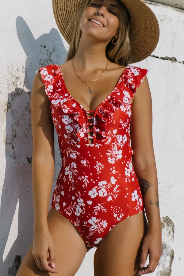 Beachsissi One Piece Women Ruffled V Neck Floral Print One Piece Swimwear Red Beachsissi One Piece Women Ruffled V Neck Floral Print One Piece Swimwear Red