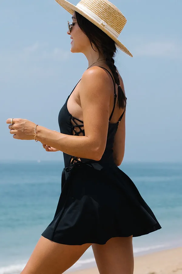 Beachsissi One Piece Women Solid Drawstring Side One Piece Swimsuit Black