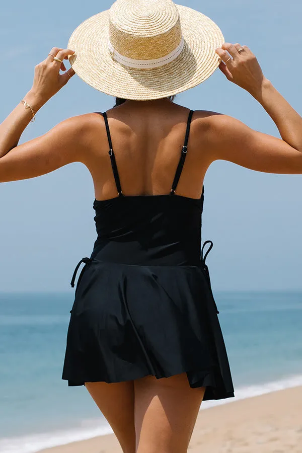 Beachsissi One Piece Women Solid Drawstring Side One Piece Swimsuit Black