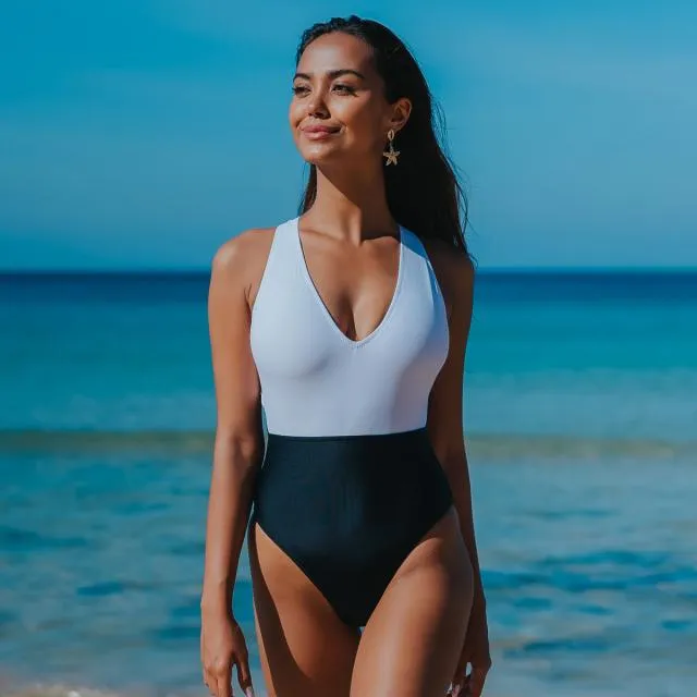 Beachsissi One Piece Women V Neck Color Block One Piece Swimwear Black