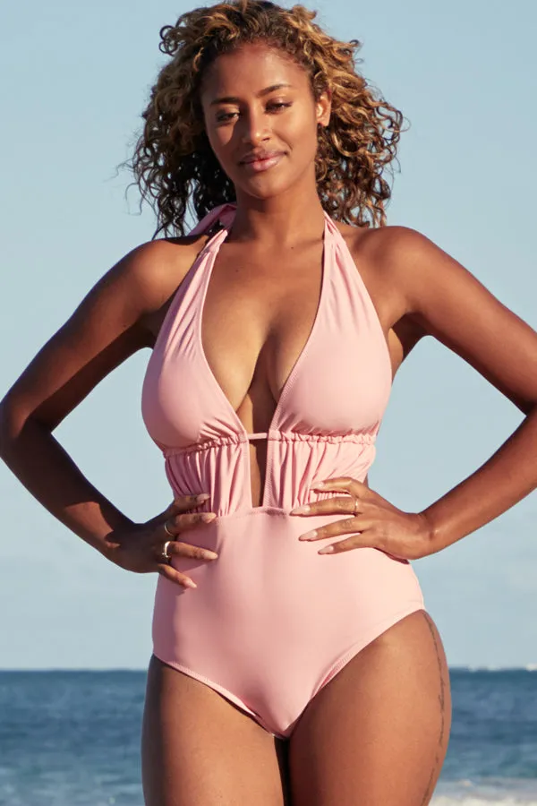 Beachsissi One Piece Women V Neck Ruched Design One Piece Swimsuits Pink