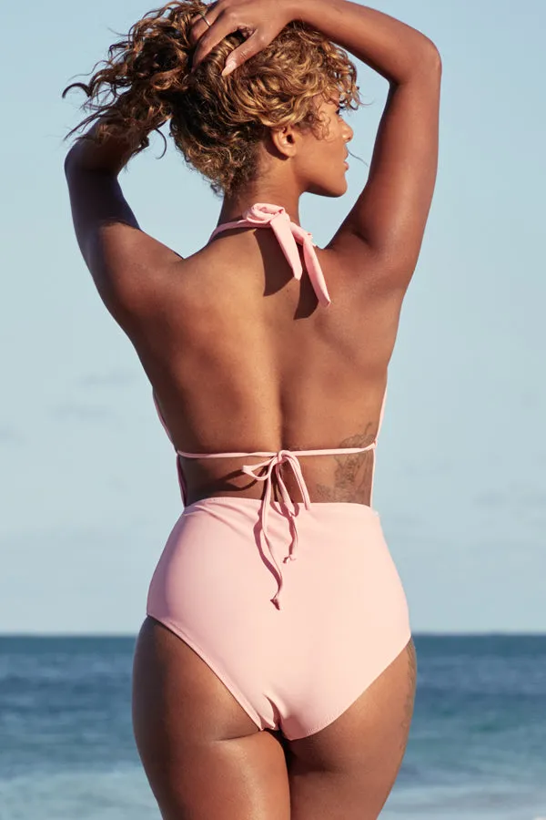 Beachsissi One Piece Women V Neck Ruched Design One Piece Swimsuits Pink
