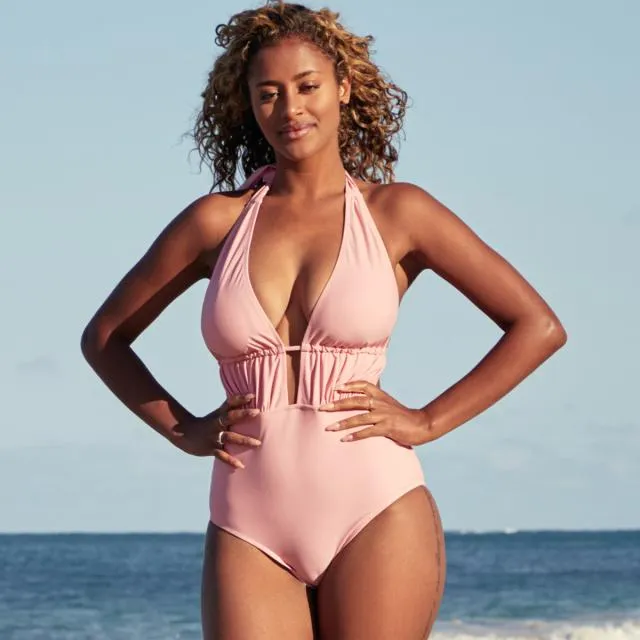 Beachsissi One Piece Women V Neck Ruched Design One Piece Swimsuits Pink