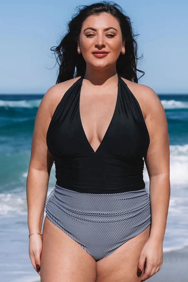 Beachsissi Plus Size Women Plus Size Halter Neck Retro Stripe One Piece Swimwear Black Beachsissi Plus Size Women Plus Size Halter Neck Retro Stripe One Piece Swimwear Black