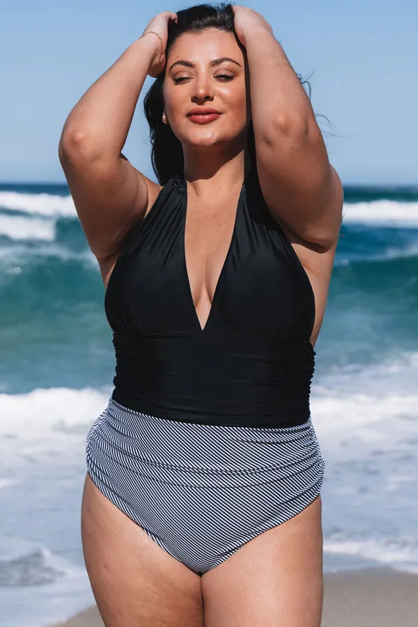 Beachsissi Plus Size Women Plus Size Halter Neck Retro Stripe One Piece Swimwear Black Beachsissi Plus Size Women Plus Size Halter Neck Retro Stripe One Piece Swimwear Black