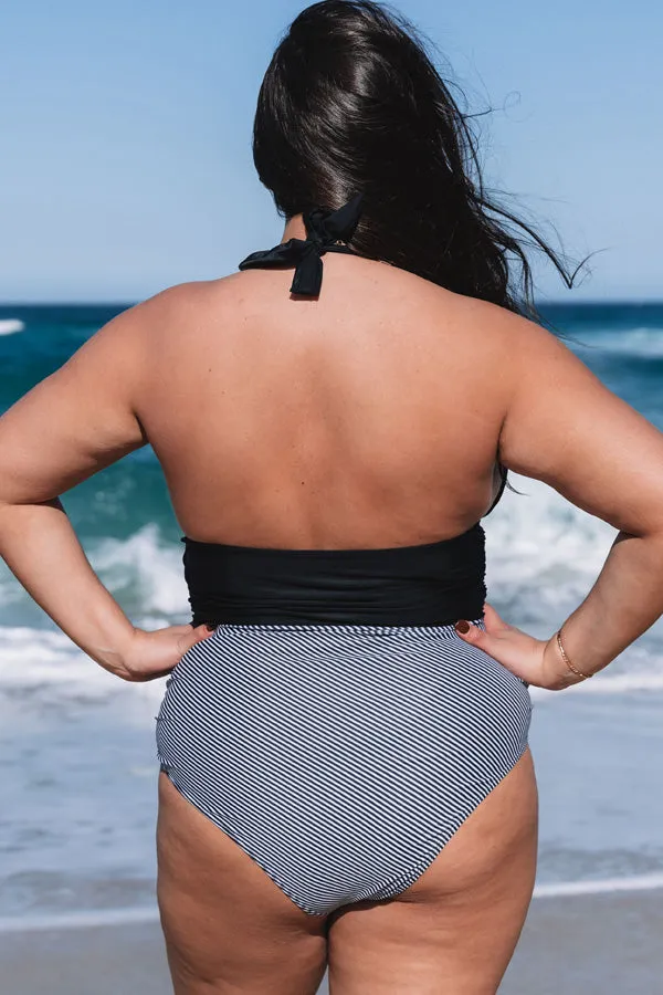 Beachsissi Plus Size Women Plus Size Halter Neck Retro Stripe One Piece Swimwear Black Beachsissi Plus Size Women Plus Size Halter Neck Retro Stripe One Piece Swimwear Black