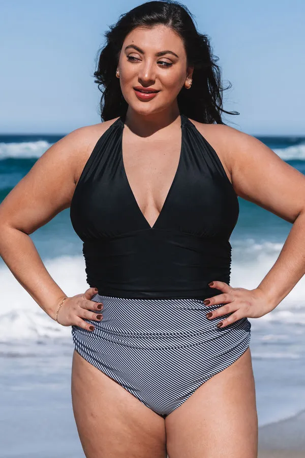 Beachsissi Plus Size Women Plus Size Halter Neck Retro Stripe One Piece Swimwear Black Beachsissi Plus Size Women Plus Size Halter Neck Retro Stripe One Piece Swimwear Black