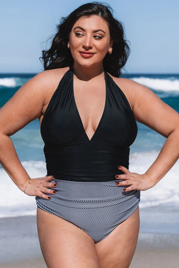 Beachsissi Plus Size Women Plus Size Halter Neck Retro Stripe One Piece Swimwear Black Beachsissi Plus Size Women Plus Size Halter Neck Retro Stripe One Piece Swimwear Black