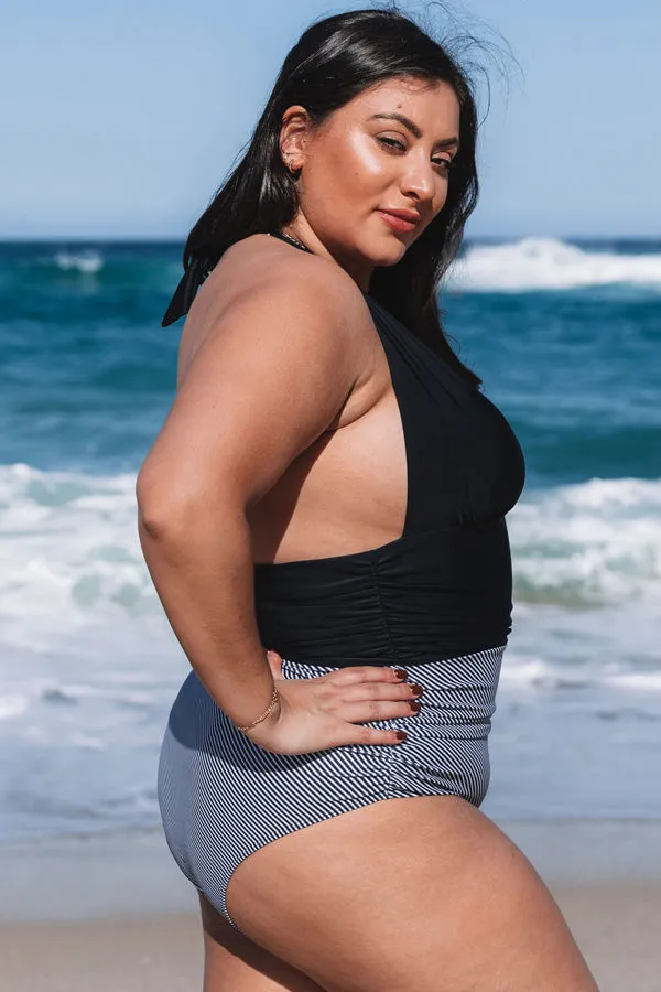 Beachsissi Plus Size Women Plus Size Halter Neck Retro Stripe One Piece Swimwear Black Beachsissi Plus Size Women Plus Size Halter Neck Retro Stripe One Piece Swimwear Black