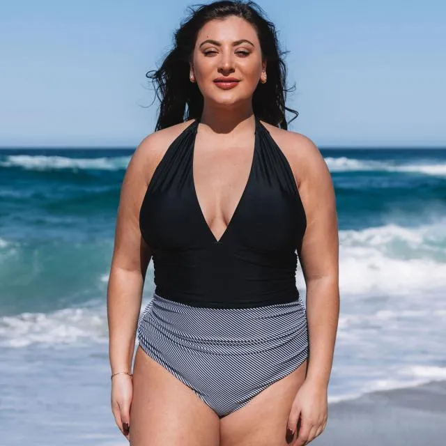 Beachsissi Plus Size Women Plus Size Halter Neck Retro Stripe One Piece Swimwear Black Beachsissi Plus Size Women Plus Size Halter Neck Retro Stripe One Piece Swimwear Black