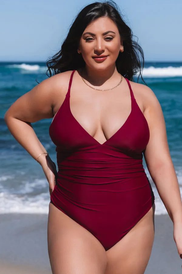 Beachsissi Plus Size Women Plus Size Solid Color Cross Back One Piece Swimwear Purple Red Beachsissi Plus Size Women Plus Size Solid Color Cross Back One Piece Swimwear Purple Red